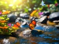 Two butterflies, beautiful colors, perched on the surface wate Ai generted